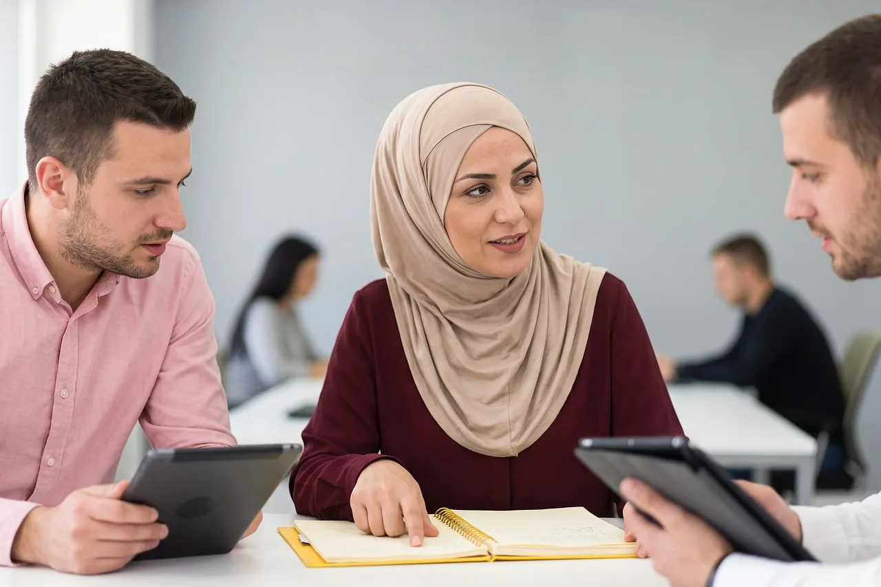 teamwork, meeting, office, teaching, professional, hijab, woman, man, tablet, notebook, discussion, technology, multicultural, modern, indoor, communication, training, notes, casual, collaboration. Corporate jargon compared: a term of art against a phrase doing social work