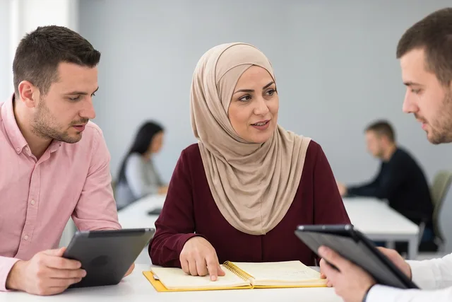 teamwork, meeting, office, teaching, professional, hijab, woman, man, tablet, notebook, discussion, technology, multicultural, modern, indoor, communication, training, notes, casual, collaboration. Corporate jargon compared: a term of art against a phrase doing social work